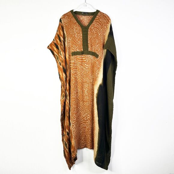Zara Dresses & Skirts - Zara Kaftan Dress Women M Brown Kimono Comfy Cottage Bohemian Boho 100% Cotton